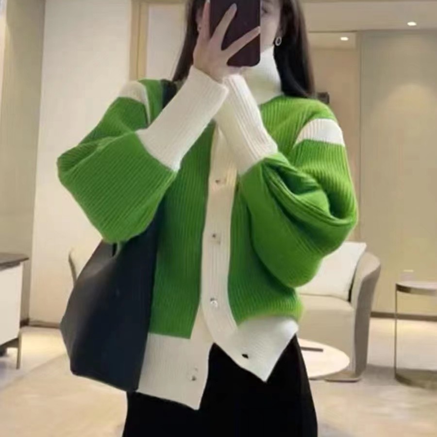 H5195 领糖果色洋气配色翻领简约开衫针织衫 WU