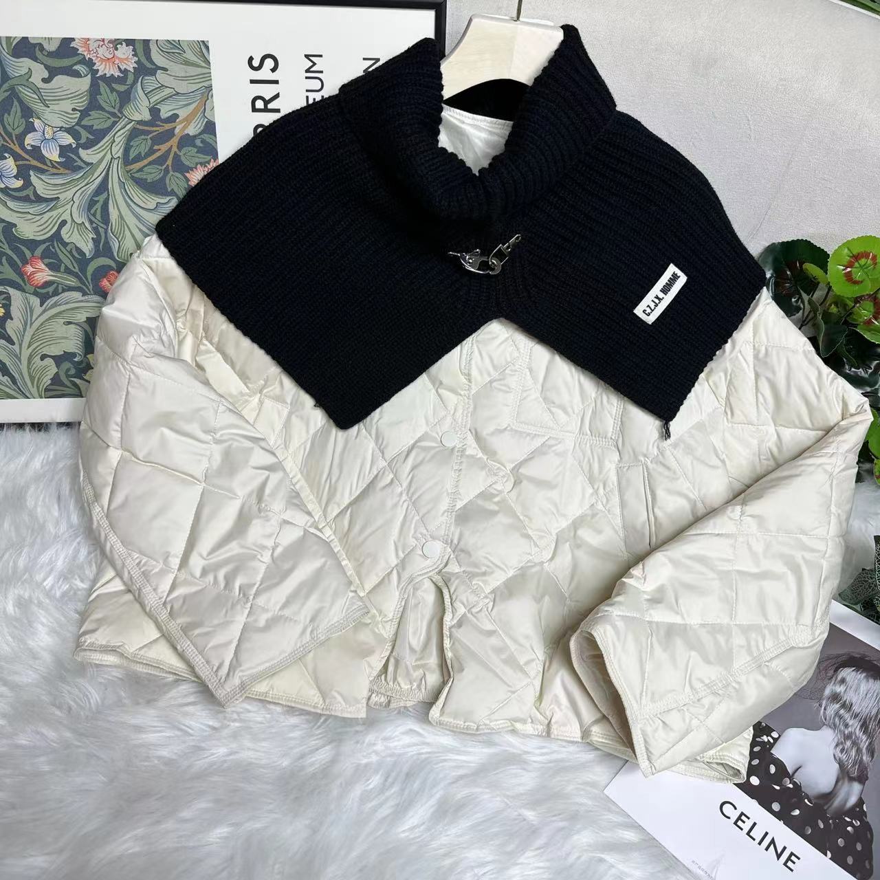 【现货】设计感针织围脖菱格羽绒服外套H474