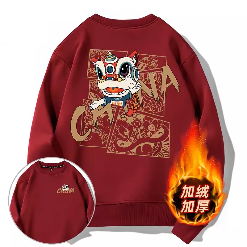 国潮卫衣男秋冬款2023新款圆领加绒男士长袖上衣男款潮牌醒狮外套