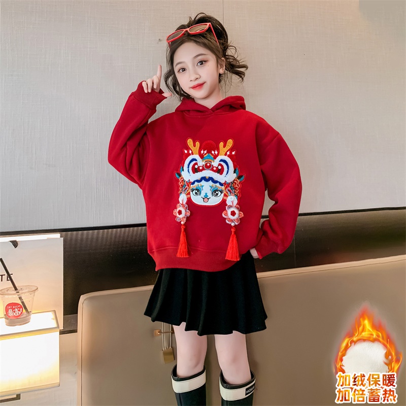 女童红色加绒连帽卫衣儿童新年拜年服12岁大童2024龙年本命年衣服