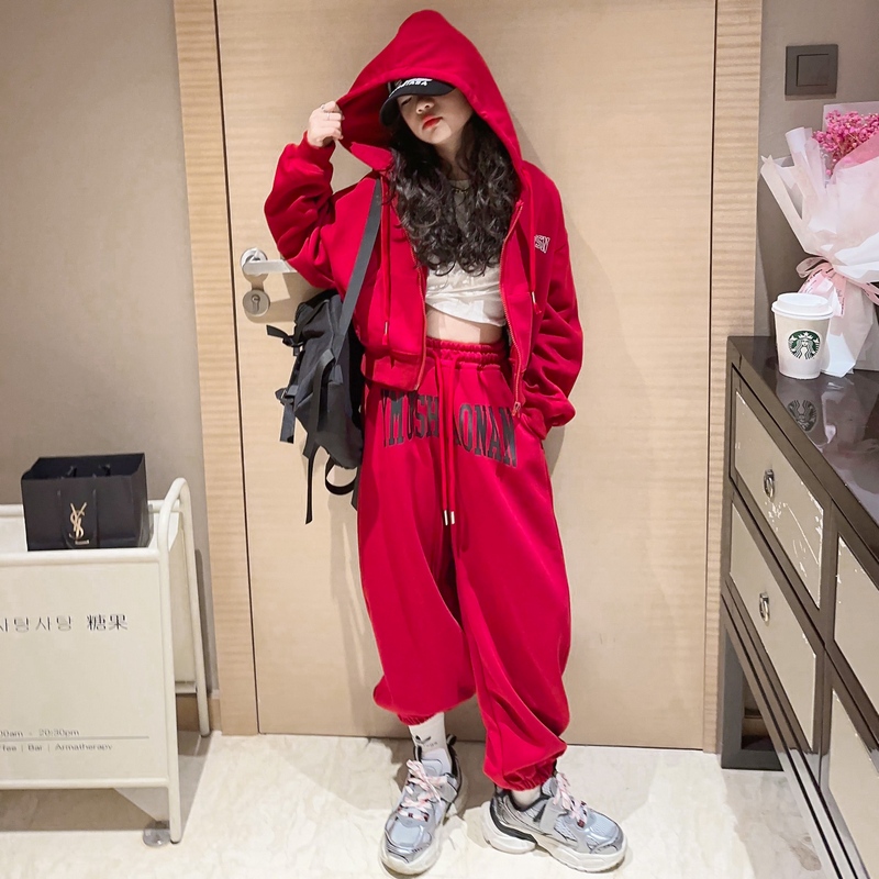 女童春秋运动套装2023新款中大童洋气连帽卫衣秋季红色儿童两件套