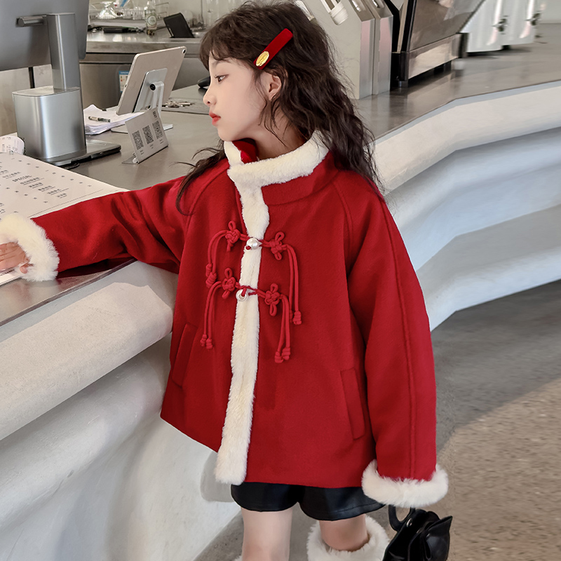 女童拜年服秋冬装本命年过年喜庆衣服红色儿童加厚毛呢外套6-12岁