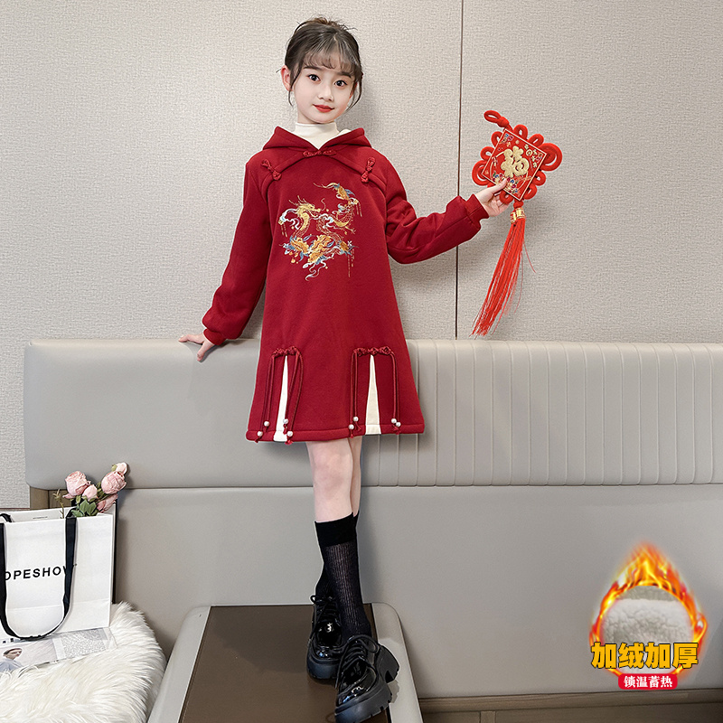 拜年服女童冬季红色连衣裙新年服装加厚儿童秋冬大童加绒卫衣裙子