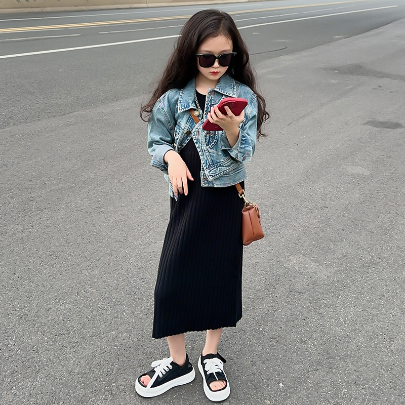 女童裙子套装2023秋季新款中大童牛仔外套秋装长裙洋气时髦连衣裙