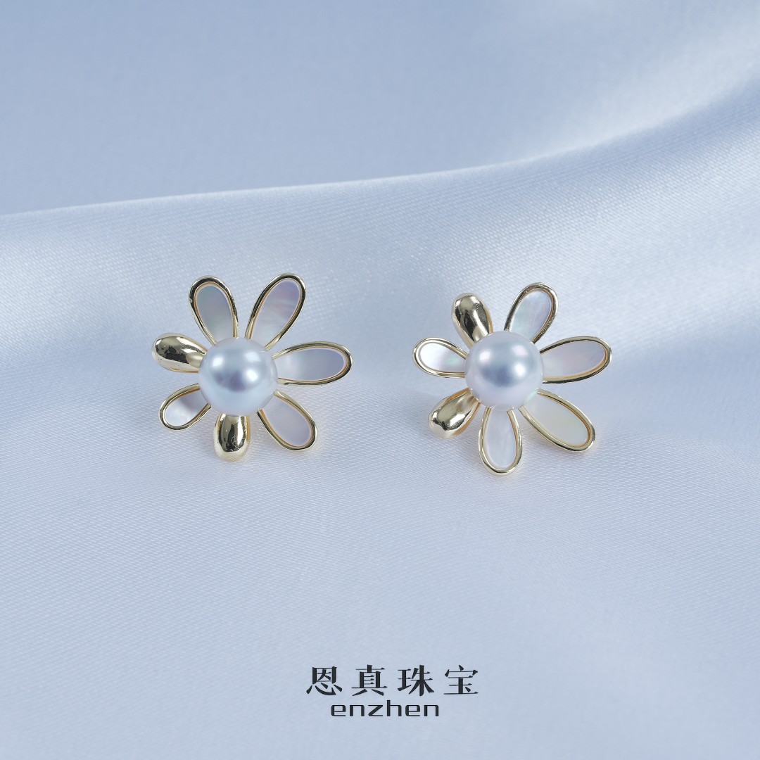 海水珍珠S925银  真多麻色小雏菊耳钉（6-7mm） H925E0075