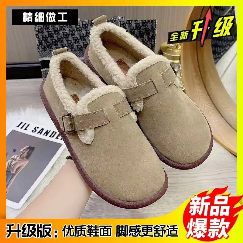 冬季新款勃肯鞋女鞋外穿加绒豆豆鞋百搭浅口棉鞋加厚一脚蹬鞋子