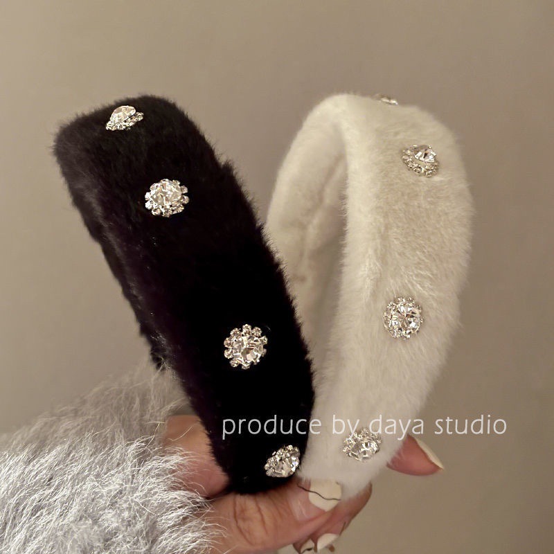 非金属布艺发饰 法式水钻毛绒发箍女高颅顶锆石头箍轻奢甜美饰品