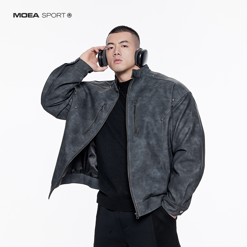 墨立方潮牌美式复古青年软皮衣男宽松翻领机车服飞行员皮夹克外套