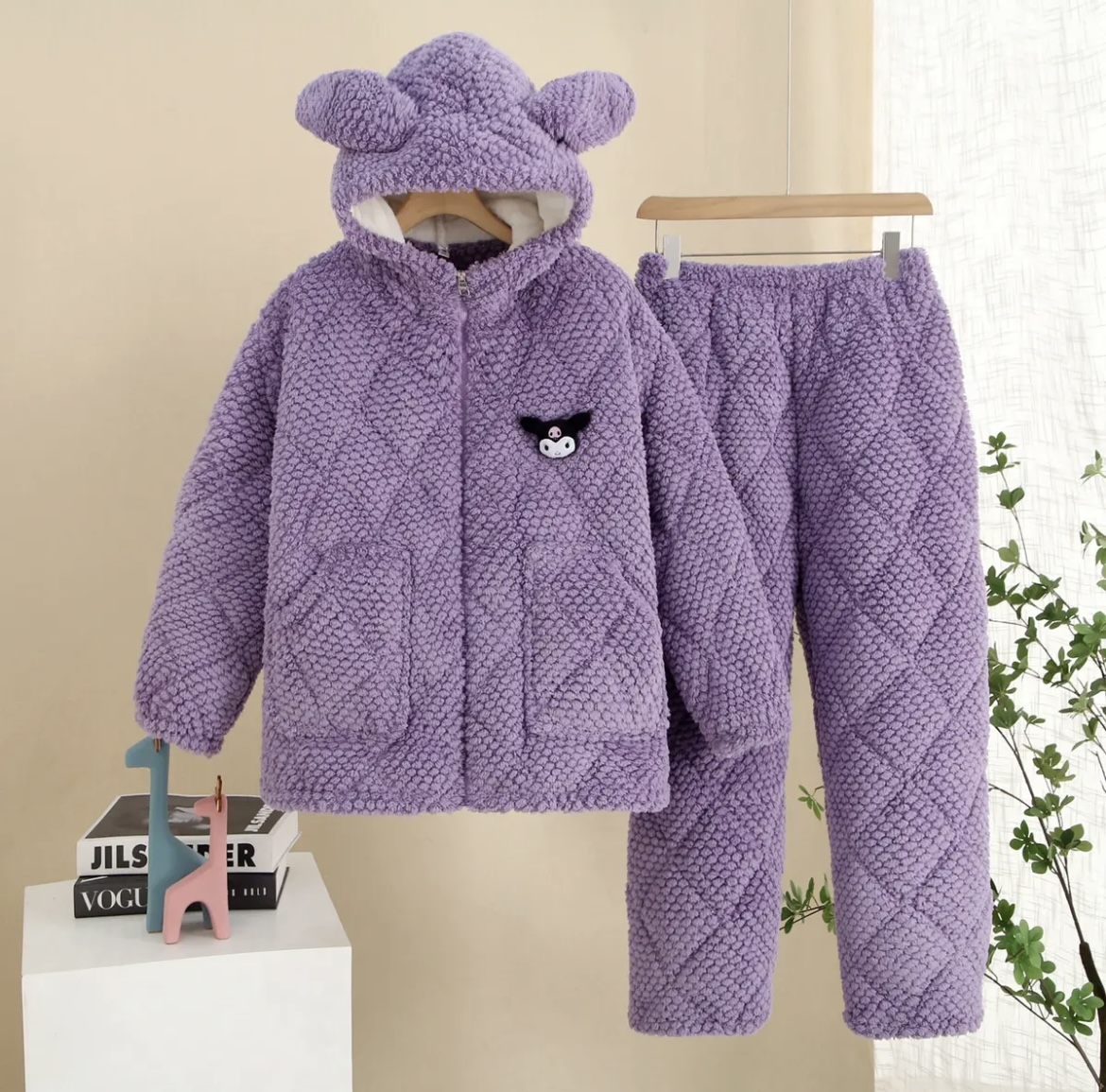 冬季厚款女士连帽三层加绒加厚法兰绒睡衣套装保暖家居服可爱套装