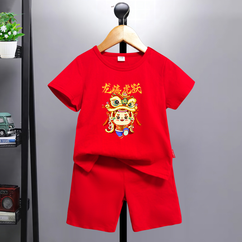 龙腾虎跃儿童红色短袖套装女童体桖纯棉男童拜年服男宝宝过年衣服
