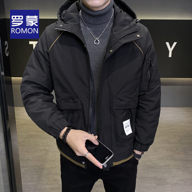 罗蒙连帽棉服外套男秋冬季加绒加厚男士帅气夹克拼接时尚休闲棉衣
