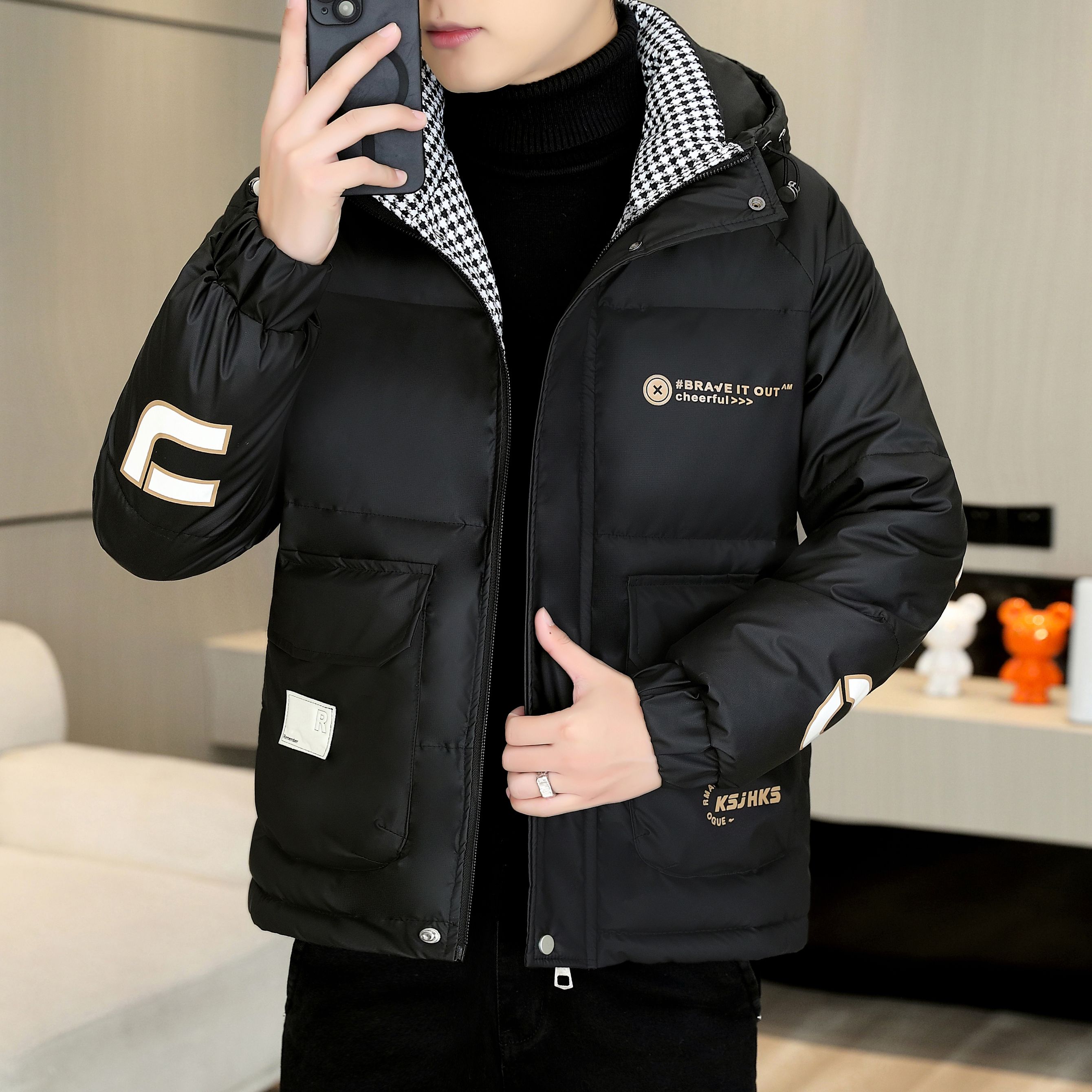 冬季新款连帽棉衣棉袄千鸟格拼接男生潮牌棉服青年加厚面包服外套