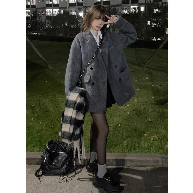 浅灰色英伦风西装毛呢外套女2023年秋冬新款韩版宽松休闲时尚百搭