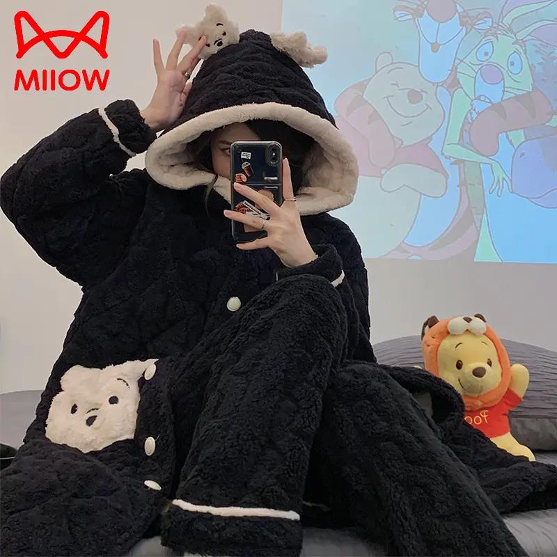 猫人睡衣女冬季珊瑚绒加绒加厚睡袍提花长毛绒长款特厚家居服套装