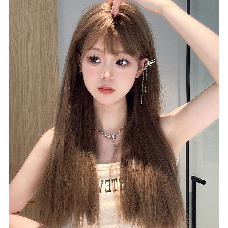 【丸子优选】蜜茶亚麻长直发假发女款时尚高档真人假发自然假发套