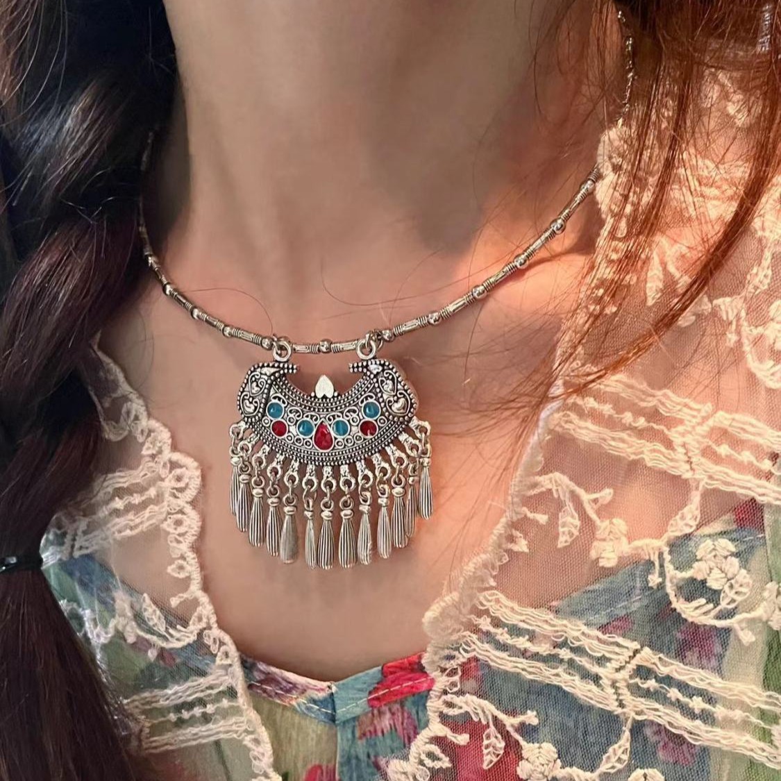 合金项链 民族风苗疆少女中式长款小众个性复古风流苏项链项圈