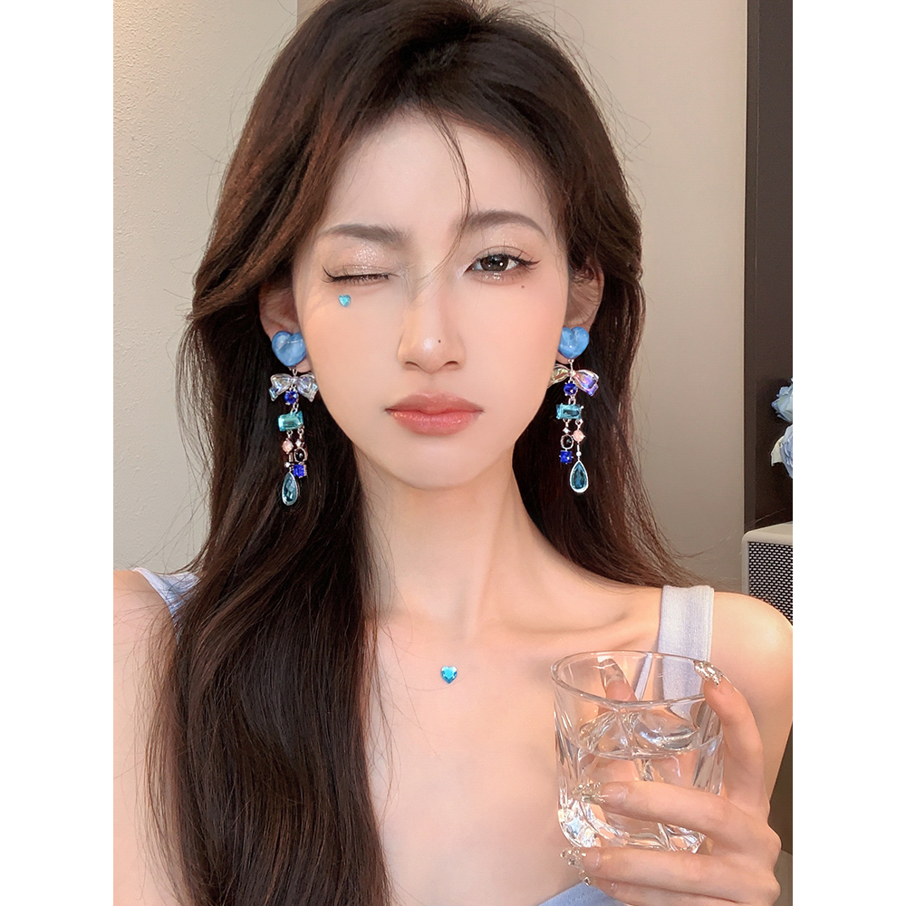 合金亚克力耳饰 冰摇蓝海~水波纹爱心水晶蝴蝶结流苏耳环耳钉女77