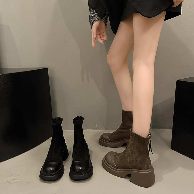 厚底马丁靴女2023新款小个子内增高女鞋弹力靴袜靴粗跟中筒靴百搭