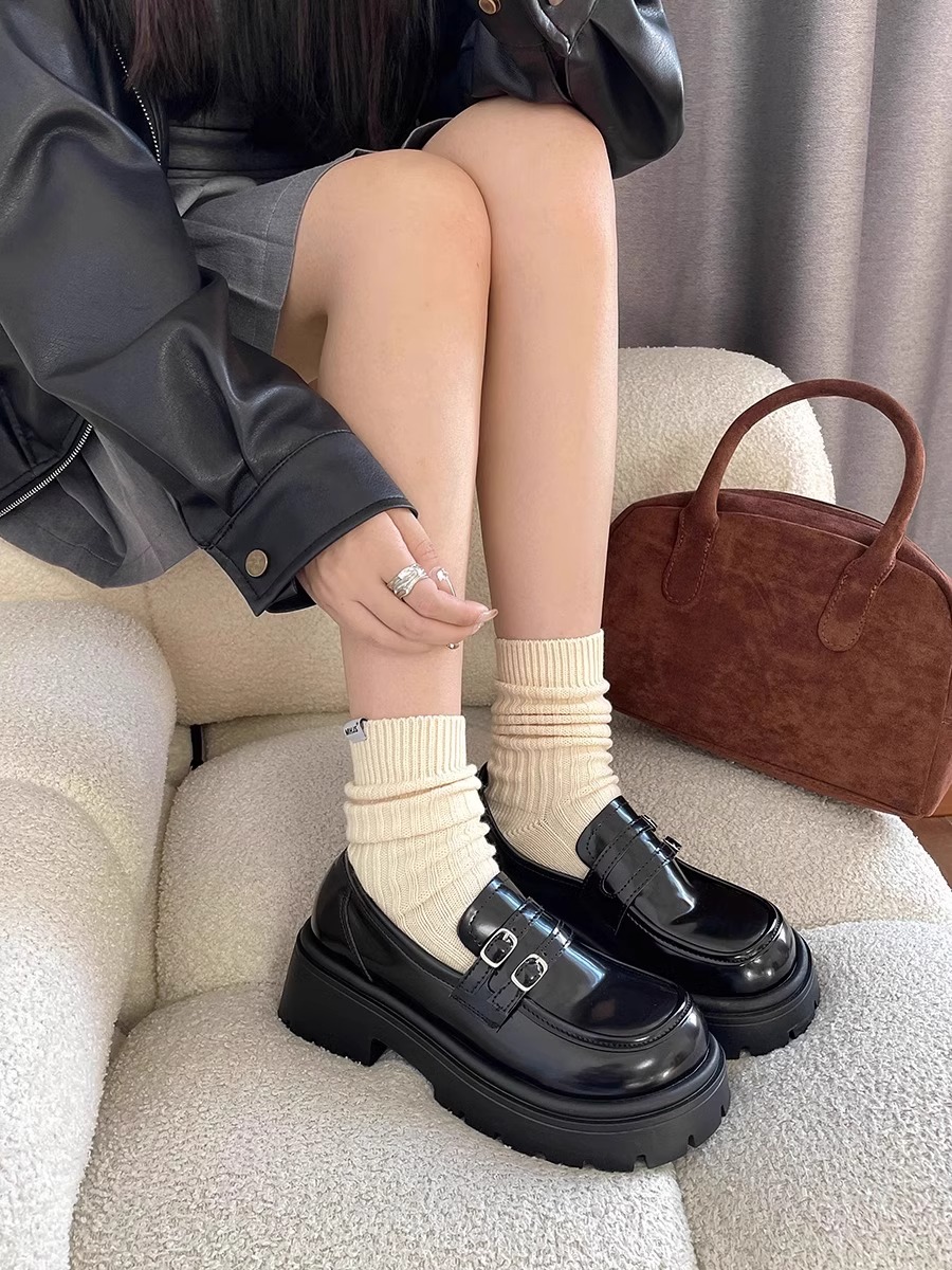 回力瑞黑色百搭复古厚底小皮鞋女2023新款秋冬粗跟一脚蹬乐福单鞋