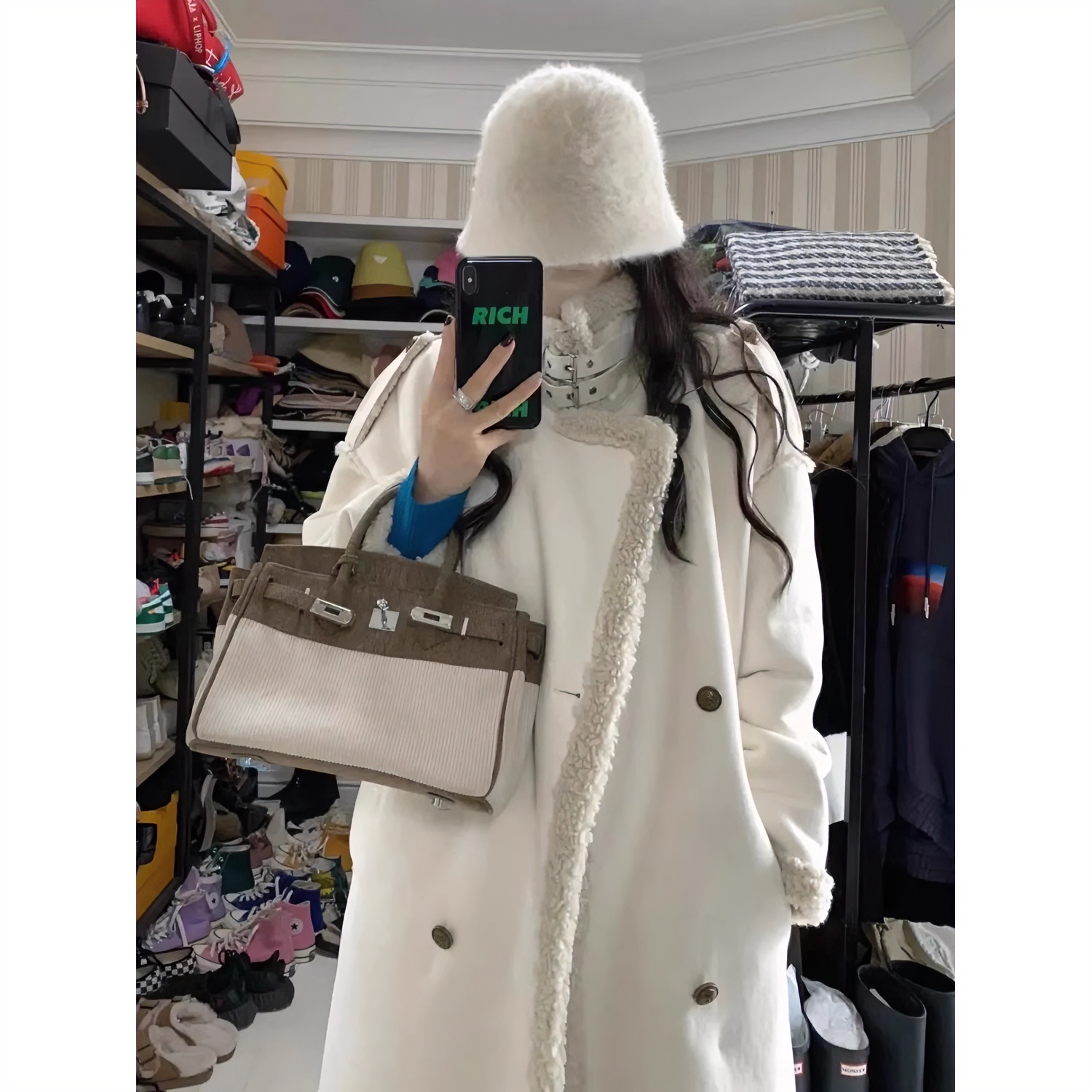 艾格丽芙琳胖mm羊羔绒毛呢外套女加厚冬季大码宽松中长款呢子大衣