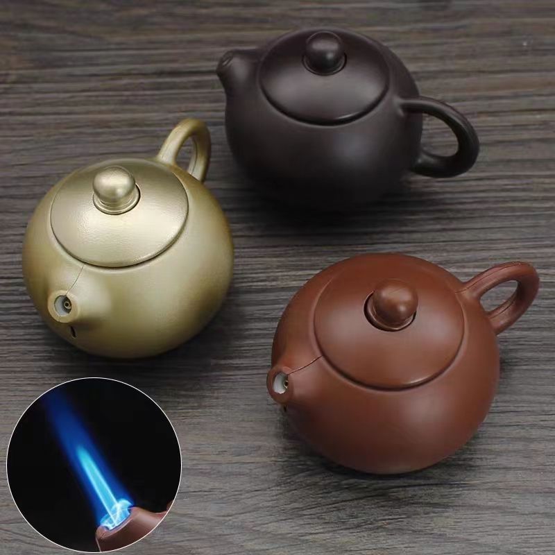 网红特色小茶壶西施壶开水壶打火机防风直冲蓝焰个性金属奇葩摆件