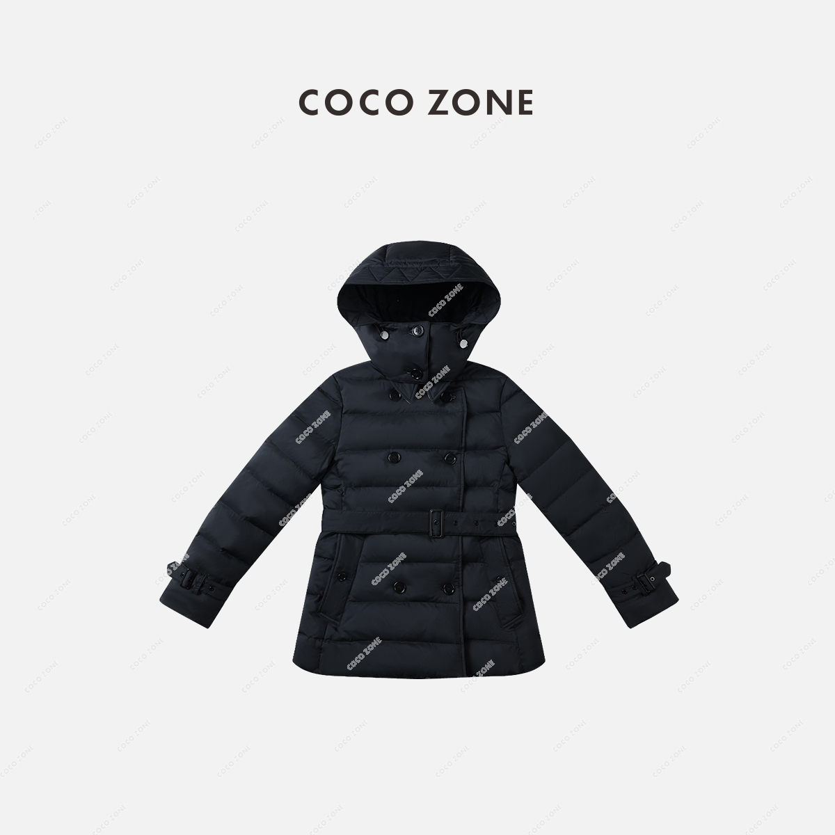 COCO ZONE 90鹅绒经典款双排扣立领帽修身羽绒服女 23C30093