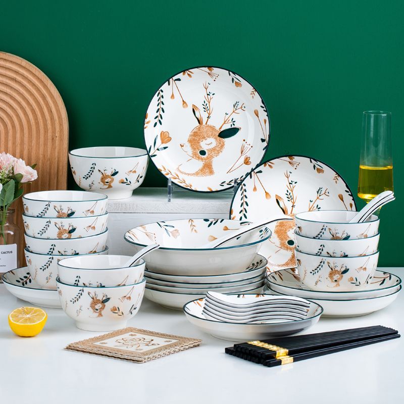 一鹿有你4/10人家用碗碟套装 创意饭碗菜盘组合可爱卡通碗盘餐具