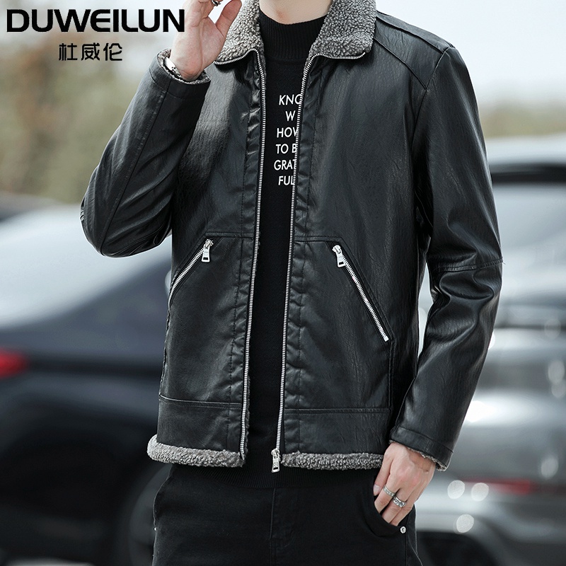 DUWEILUN/杜威伦男士皮衣冬季加绒加厚美式复古PU皮夹克翻领外套