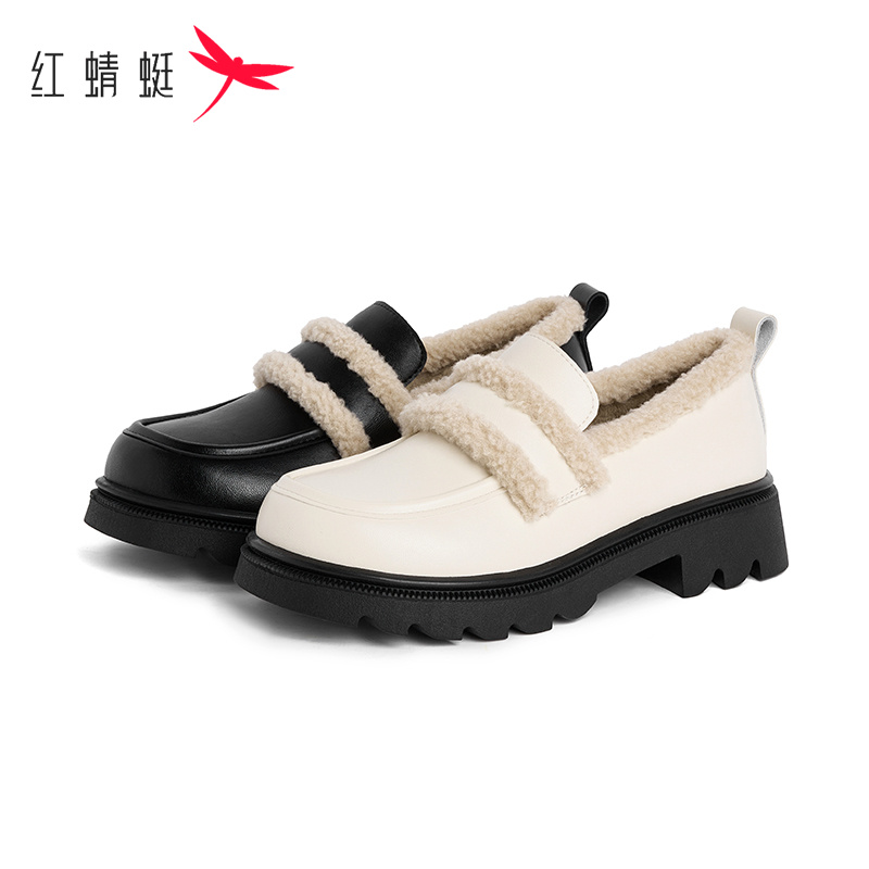 红蜻蜓女式时尚百搭加绒秋冬粗跟圆头复古ins保暖小众潮流乐福鞋