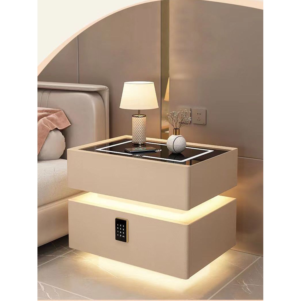 悬浮床头柜现代简约奶油风实木智能无线充电蓝牙音响密码锁床边柜