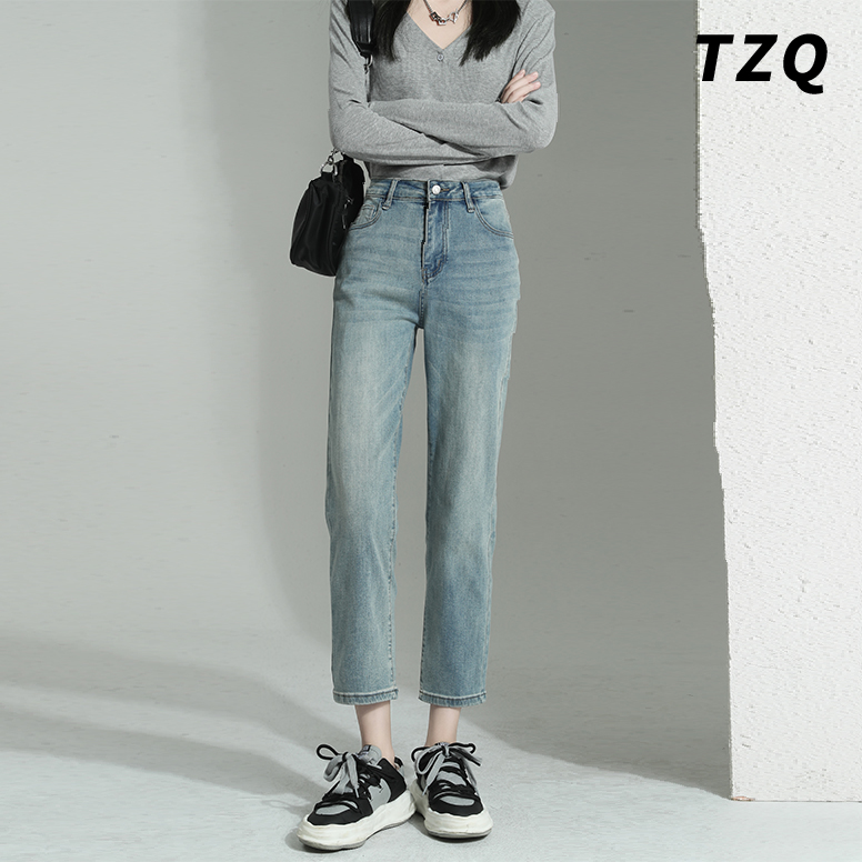 复古直筒牛仔裤女爆款2023新款高腰显瘦修身小个子九分烟管裤春秋