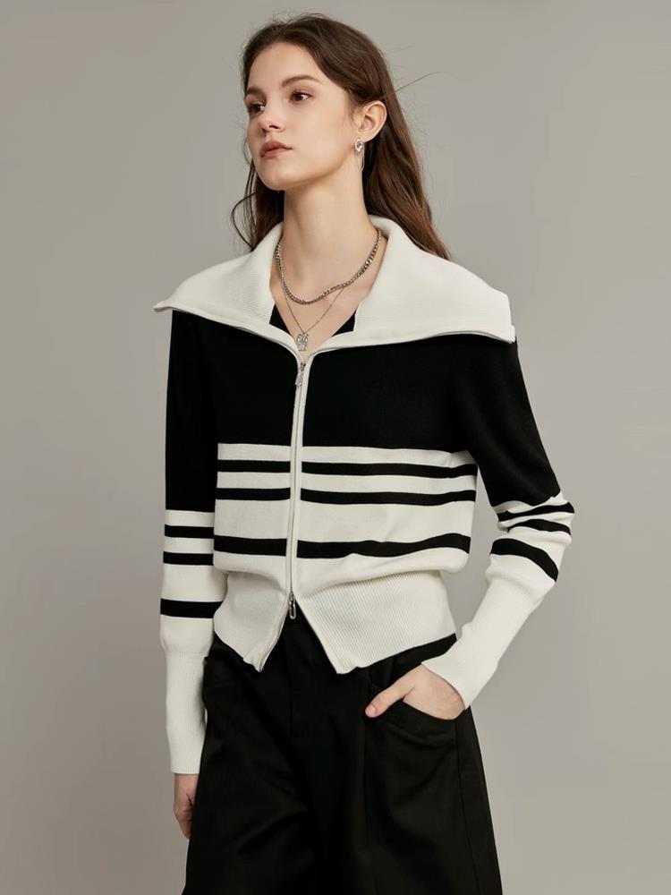 打底衫女内搭2023秋冬新款法式黑白撞色条纹针织毛衣显瘦气质上衣