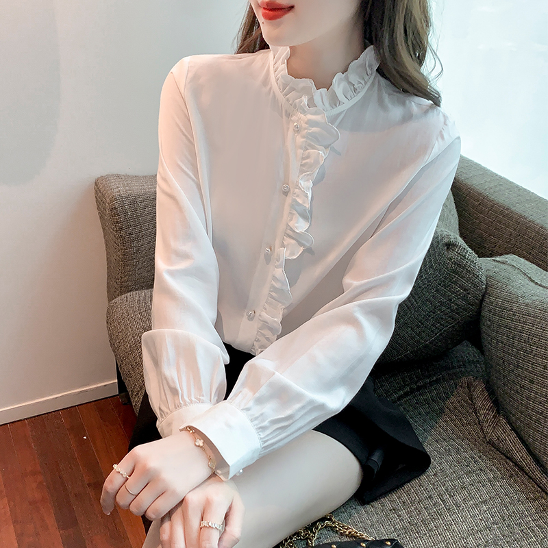 爆款爆款2023秋季新款优雅法式风花边点缀立领木耳边衬衣女衬衫