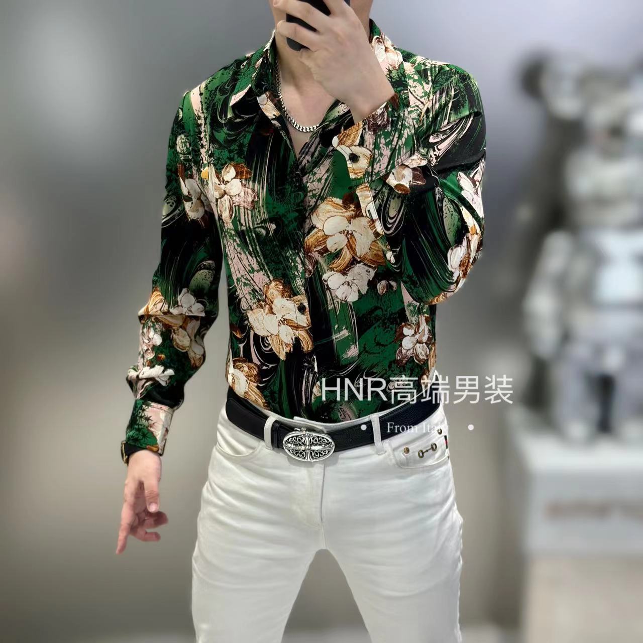 国风花卉泼墨图案新款高端男士秋季高品质时尚潮流气质休闲衬衫