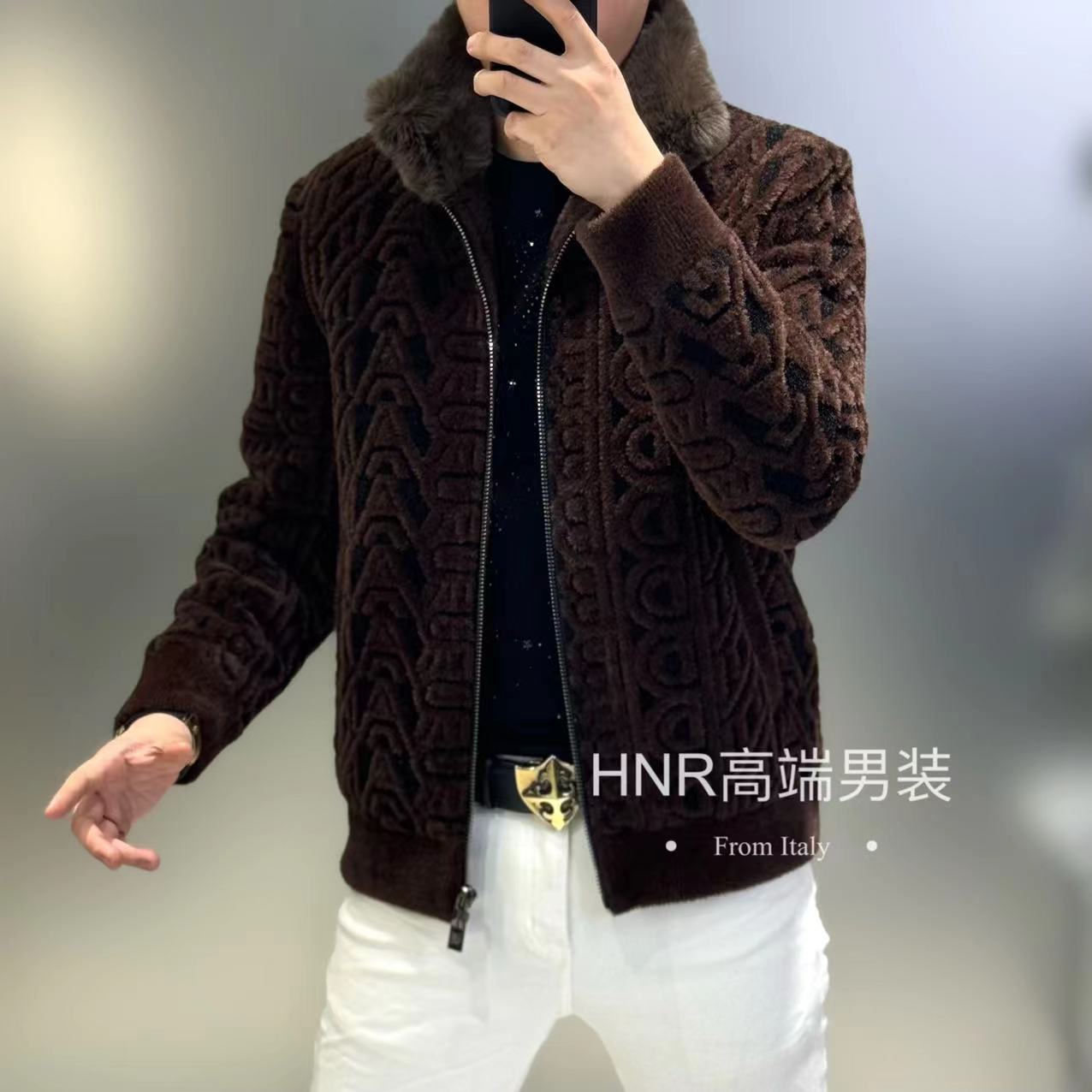 提花立体图案兔毛领新款高端男士时尚潮流休闲百搭羽绒服夹克7098