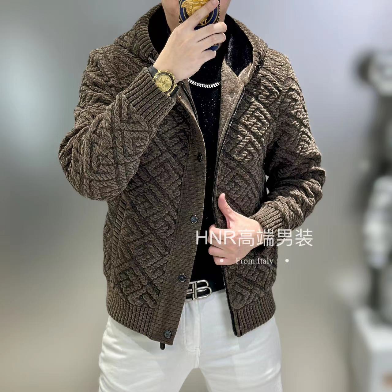 雪尼绒质感新款提花高端男士时尚潮流休闲秋冬连帽内里加绒夹克