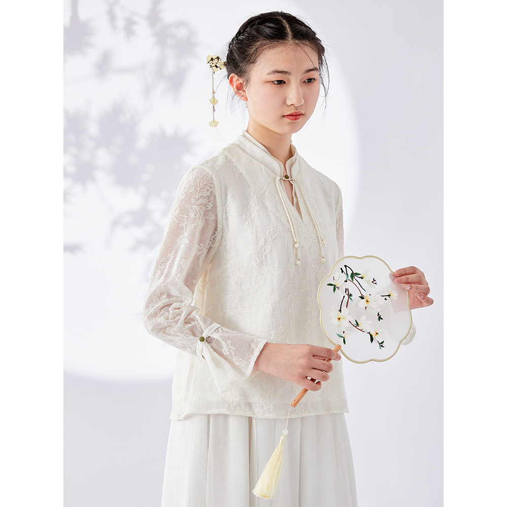 【书香月】禅意中国风汉服改良打底衫 宽松喇叭袖羊毛针织提花上衣