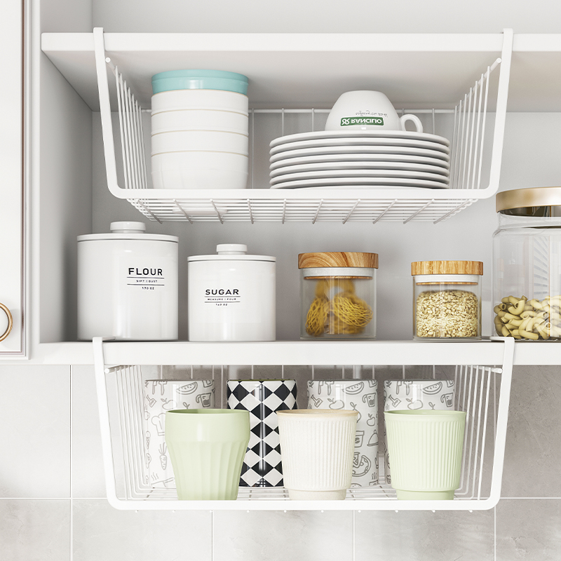 橱柜挂篮厨房橱柜下挂架隔板分层架免打孔家用置物架宿舍储物架