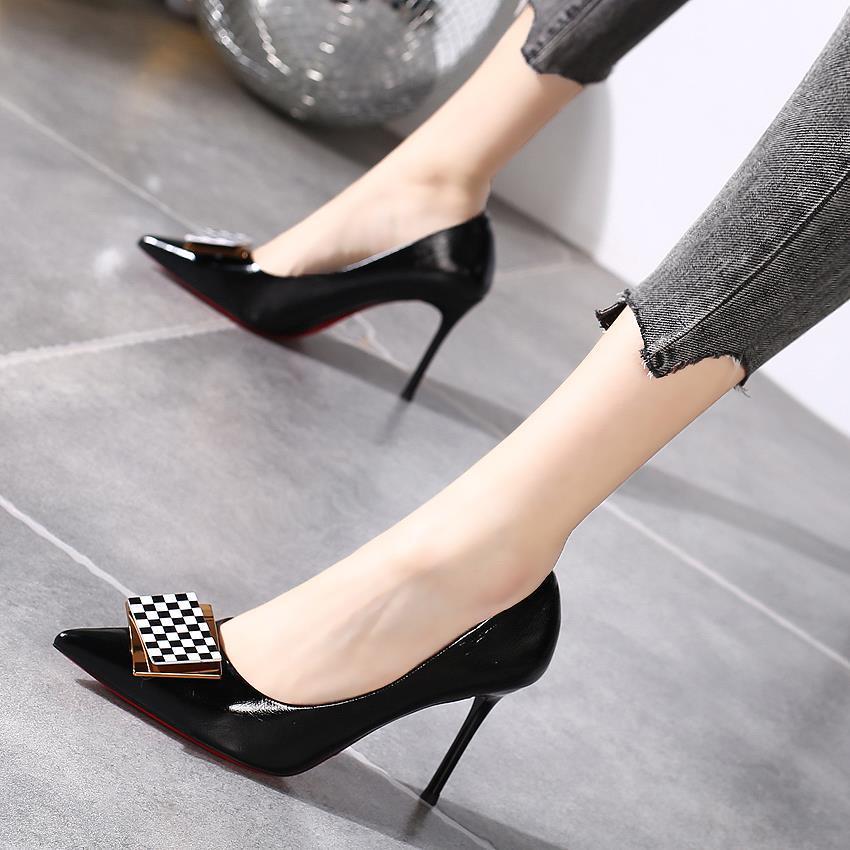 法式拼色时尚高跟鞋女2023秋季新款浅口尖头方扣气质工作职业单鞋