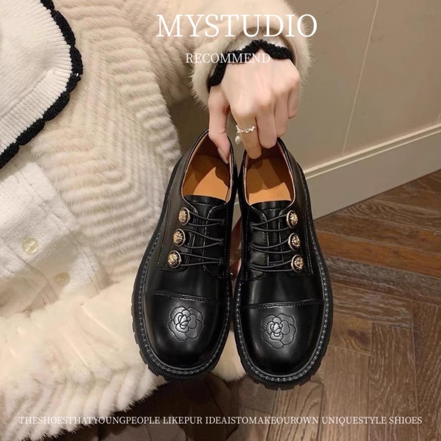 MYstudio小香赫本英伦复古厚底粗跟山茶花刺绣真皮黑色百搭乐福鞋