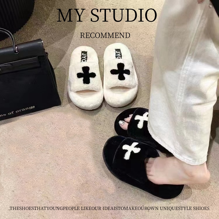 MYstudio韩版2023秋冬新款网红十字花百搭厚底懒人一字毛毛拖鞋