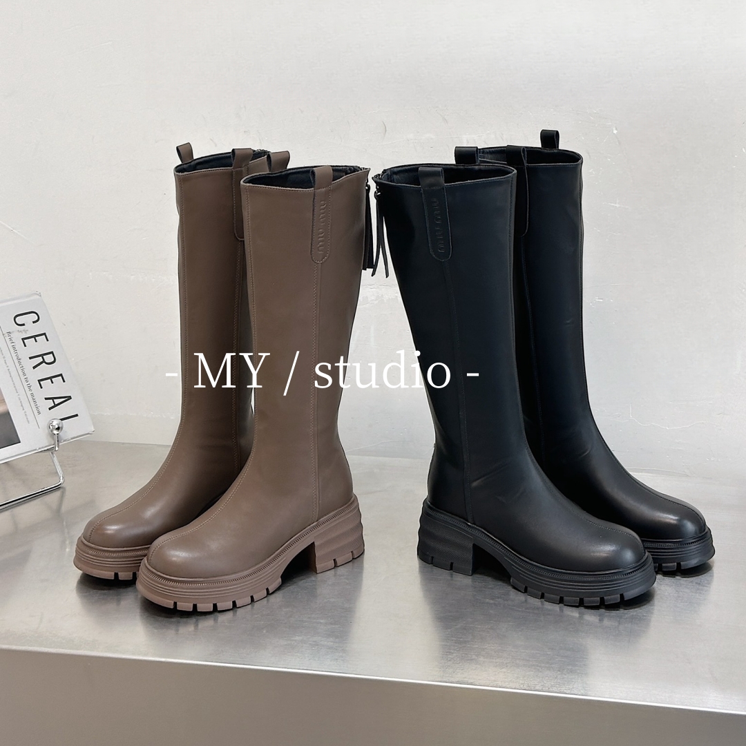 MYstudio2023秋冬新款圆头厚底百搭高筒粗跟小个子不过膝骑士高靴