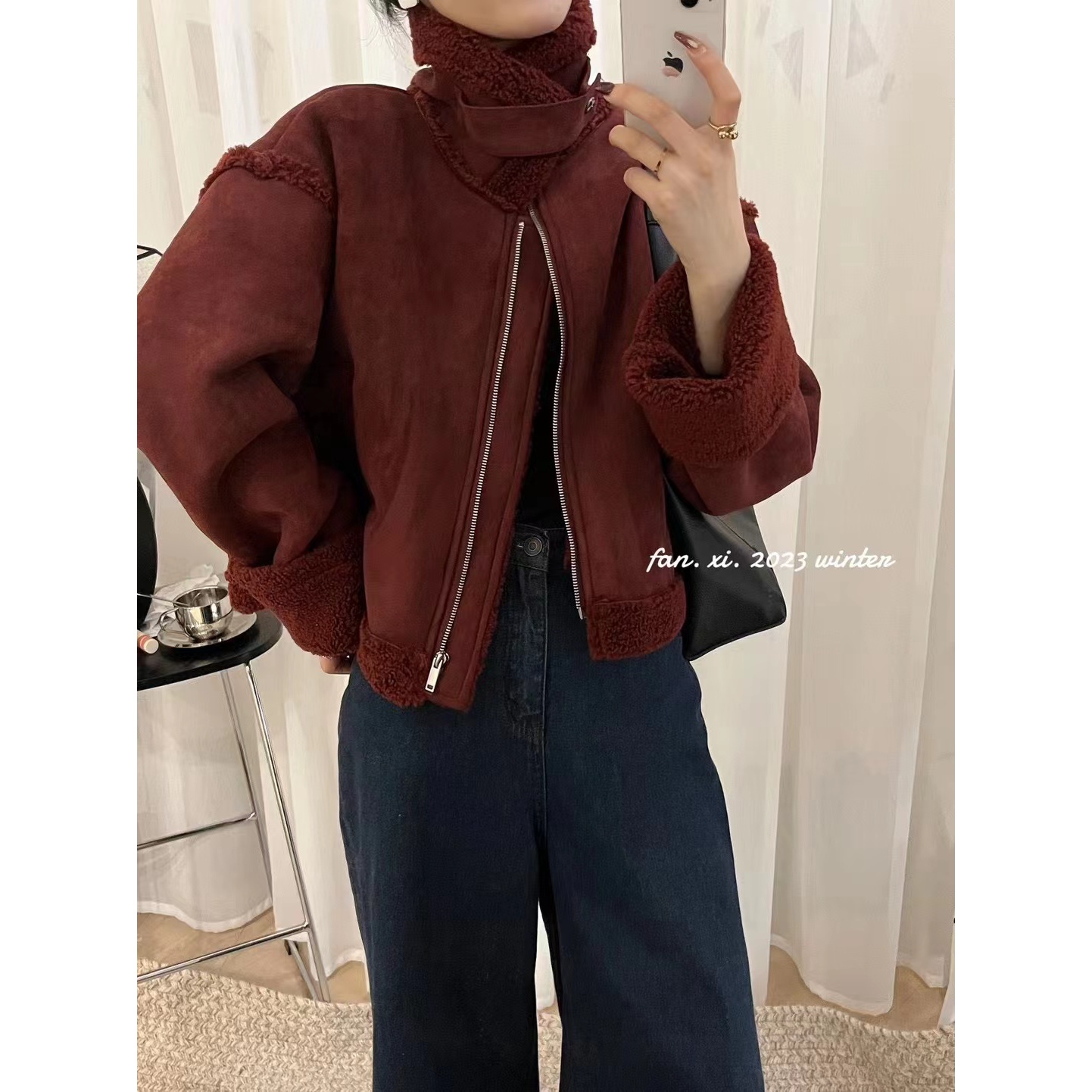 9937高级感立领短款皮毛一体外套女冬季宽松加厚保暖机车服