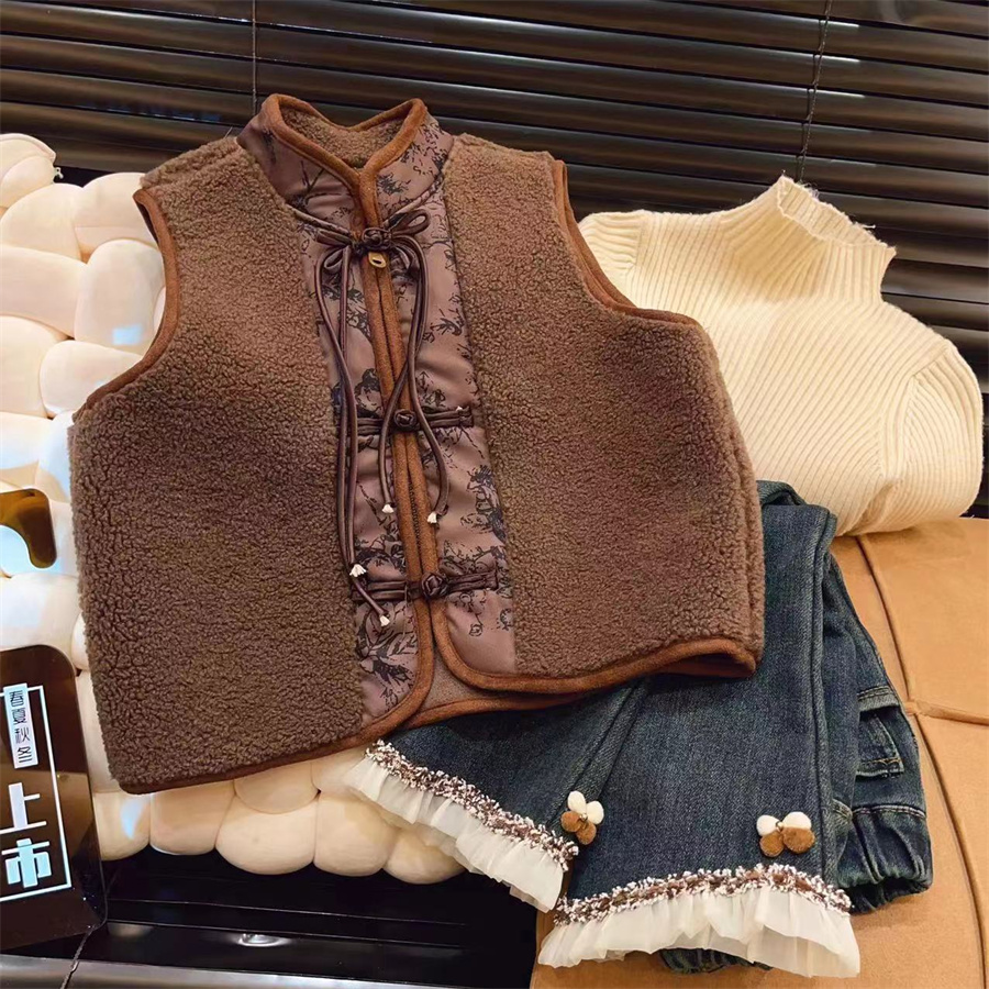 【现货】女童秋冬2023新款羊羔绒坎肩复古中国风马夹背心外套GMJ220
