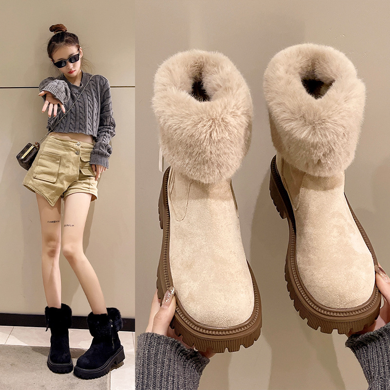 PEIFUMAN毛毛雪地靴冬季英伦风加绒加厚短靴保暖棉靴女团