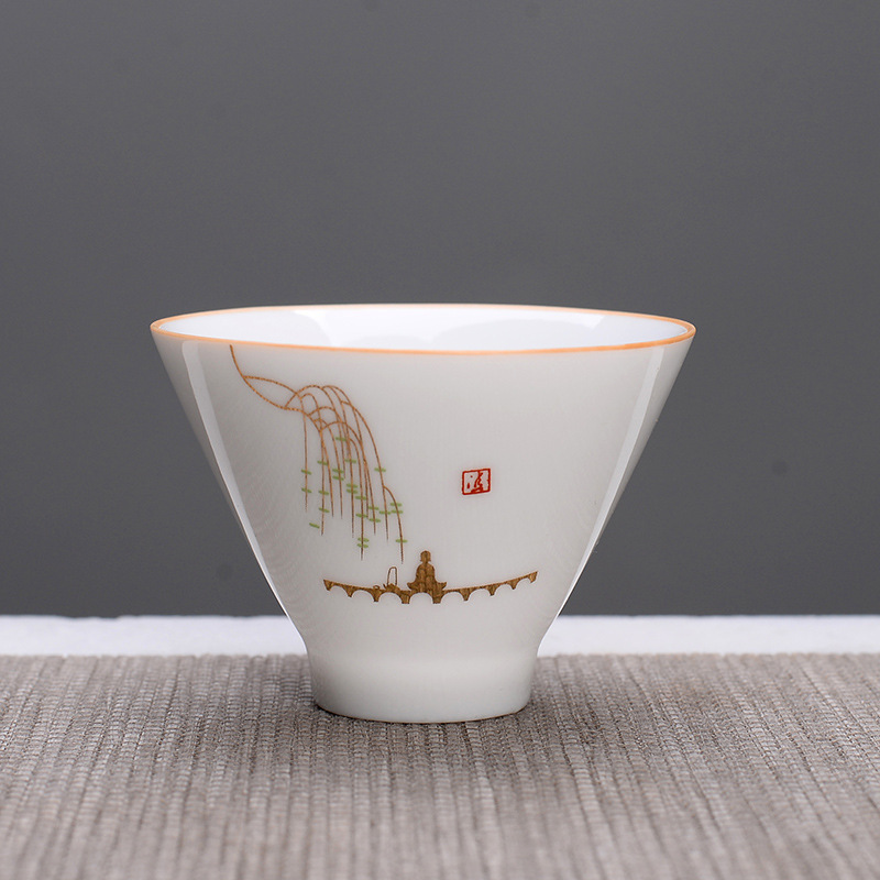 德化白瓷斗笠杯手绘主人杯女款单杯个人专用品茗杯功夫茶杯喝茶碗