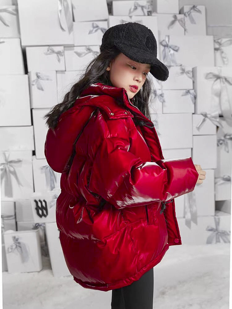 女童亮面免洗棉服2023新款洋气红色年服冬季韩版保暖外套加厚棉袄