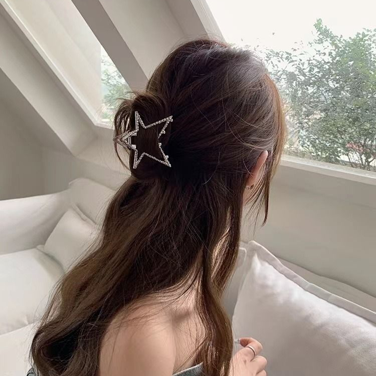 甜酷Y2K银色星星发夹女抓夹后脑勺盘发高级感金属鲨鱼夹发卡发饰