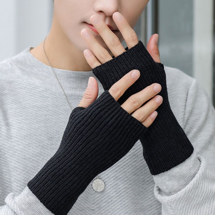 针织套加厚半指手套防寒骑行防风耐磨保暖手套男士露指头手套护腕