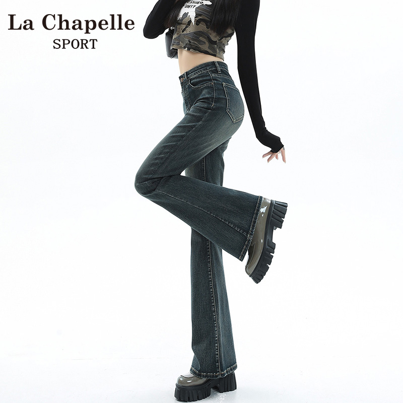 拉夏贝尔秋季新款喇叭牛仔裤女高腰显瘦复古百搭九分裤小个子微喇